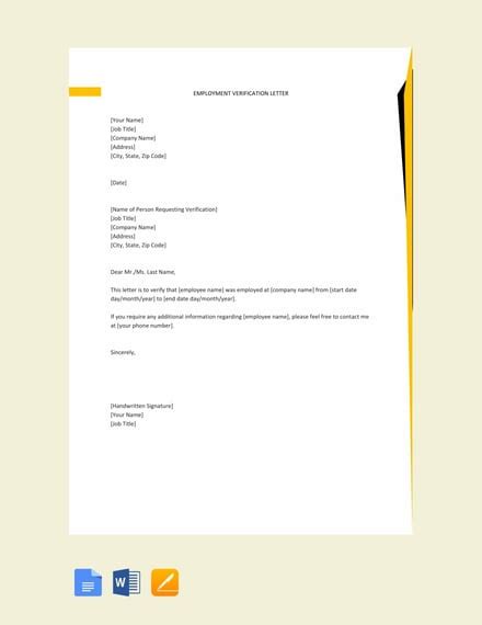 FREE Employment Verification Letter Template Word Google Docs