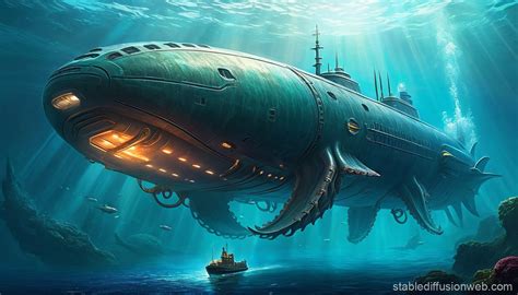 Submarine and Giant Octopus in Deep Ocean | Stable Diffusion Online