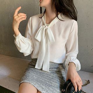 Happo Tie Neck Plain Blouse Yesstyle