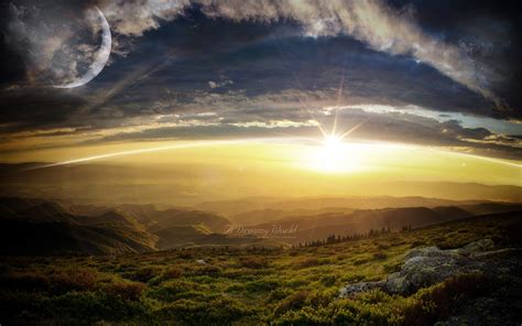 Wallpaper Sunlight Landscape Digital Art Sunset Sea Planet Hill