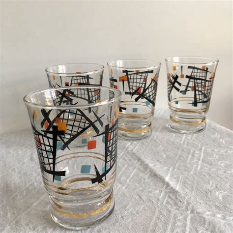 4 Rare 70s Vintage Drink Glasses With Midcentury Design Motifs Etsy Mid Century Design