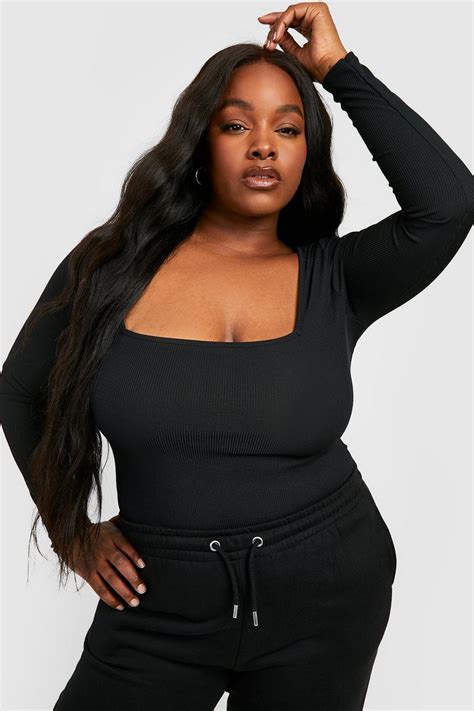 Black Plus Rib Square Neck Bodysuit Boohoo Uk