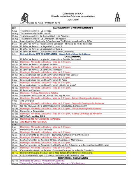 Calendario de RICA Rito de Iniciación Cristiana para Adultos 2015