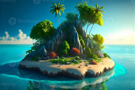 Colorful cartoon tropical island with palm trees different plants and ...