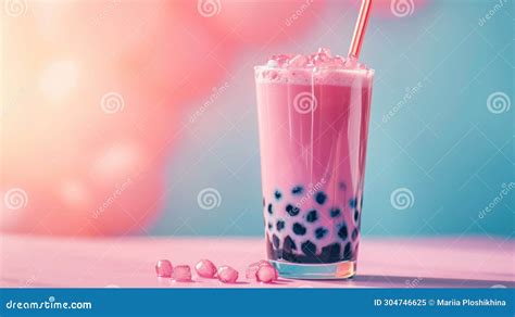 Vibrant Pink Bubble Tea Topped With Whipped Cream And Tapioca Pearls