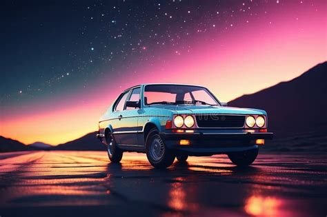 Retro Car with Sunset, Retro Cinematic Style Stock Illustration ...