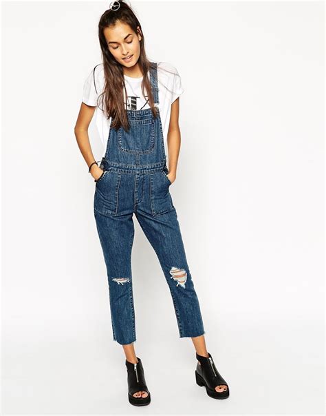 Asos Full Length Denim Dungaree In Vintage Mid Wash At Asos