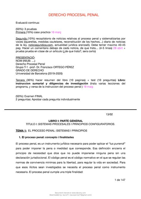 Apuntes processal penal DERECHO PROCESAL PENAL Evaluació continua