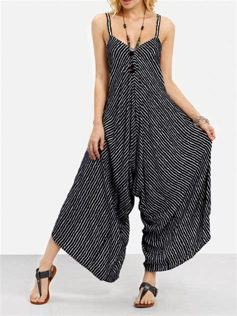 Sexy Women Spaghetti Strap V Neck Striped Wide Leg Jumpsuit