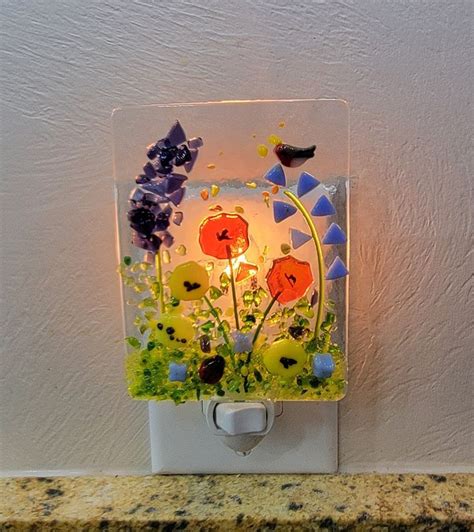 Blue Bells Poppies Lavender Wildflowers Meadow Gardennight Lightfused Glass Made In Usa