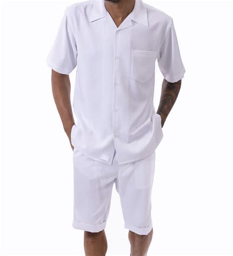 White 2 Piece Short Sleeve Walking Suit Set With Elastic Waistband Sho