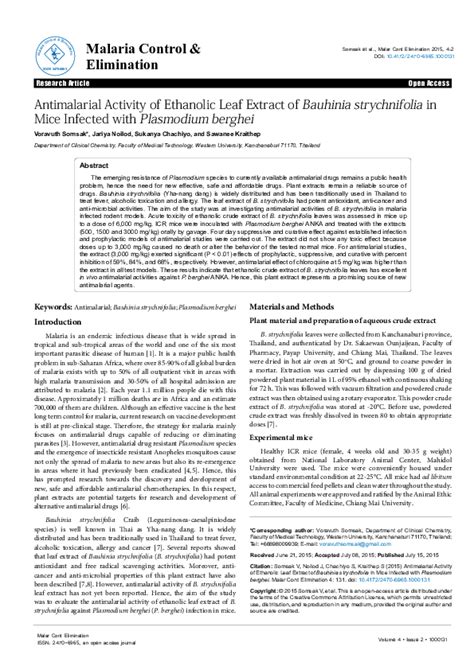 Pdf Antimalarial Activity Of Ethanolic Leaf Extract Of Bauhinia