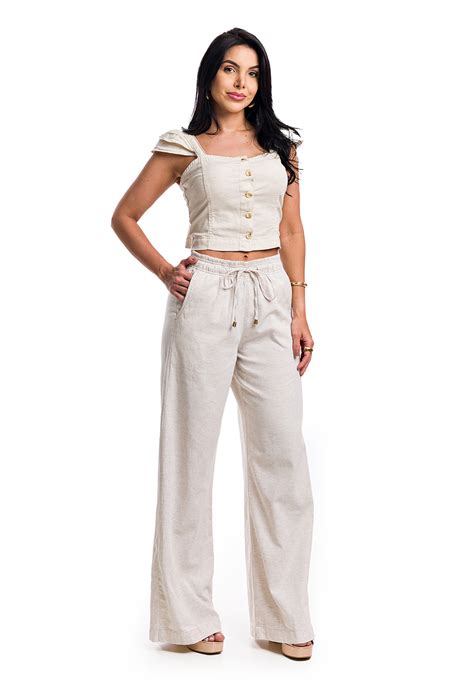 Conjunto Cropped e Calça Pantalona de Linho e lastex premium Restrito