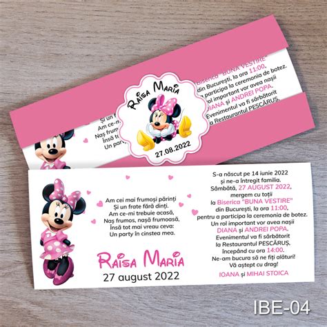 Invitatii Botez Minnie Mouse Cu Eticheta Si Plic Roz Pastel IBE 01