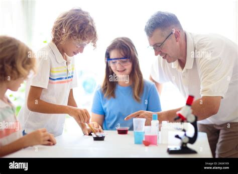 School Science Class Students At Chemistry Lesson Kids Watch Chemical