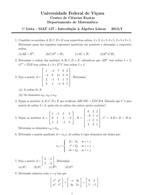 Lista De Exercícios Sobre álgebra Linear Com Questões Sobre Matrizes