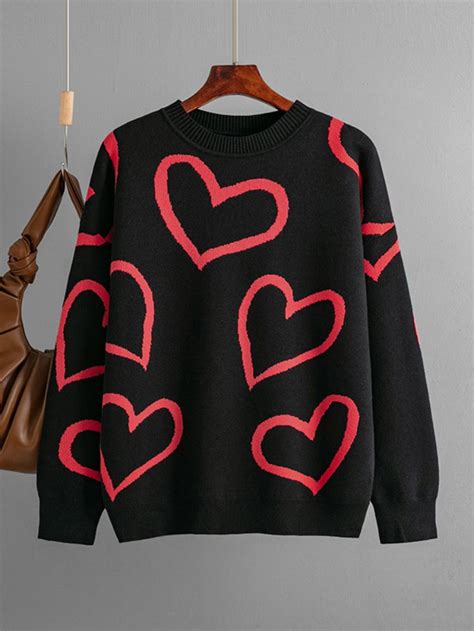 Comyee Heart Print Knitted Sweater Women Autumn Winter Long Sleeve O