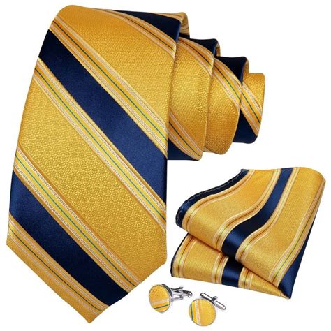 Golden Yellow Blue Striped Silk Necktie Pocket Square Cufflinks Set Mens Neck Ties Tie And