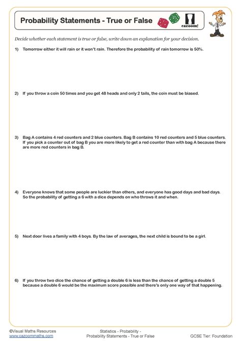 Probability Statements True Or False Worksheet Cazoom Maths Worksheets