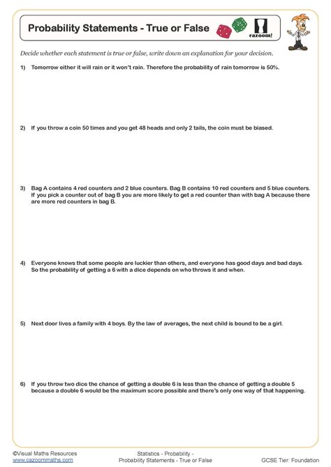 Probability Statements True Or False Worksheet Fun And Engaging Pdf