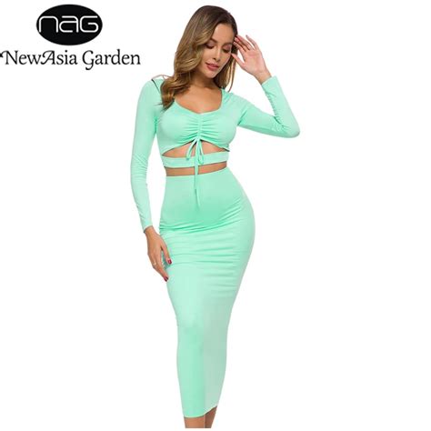 Newasia Sexy Two Piece Set Women 2 Piece Outfits Autumn Long Sleeve Hollow Out Crop Top Skirt