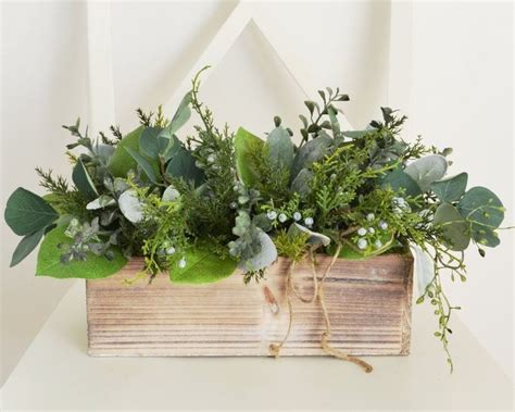 Long Christmas Centerpiece Farmhouse Greenery In A Wooden Etsy