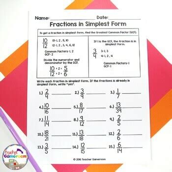 Fractions In Simplest Form Gcf Worksheet By Teacher Gameroom Tpt