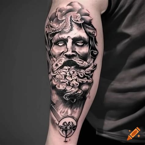 Black And White Tattoo Sleeve Inspired By Hades From Greek Mythology On