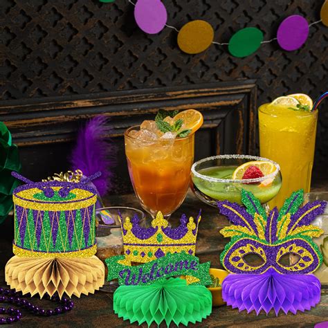 12 Pieces Mardi Gras Party Decorations Honeycomb Centerpieces Crown Mask Sign