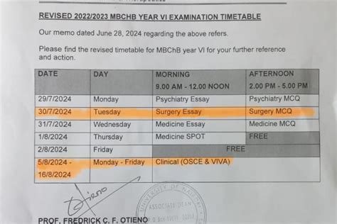 Mbchb Year Vi Examination Timetable Department Of Surgery