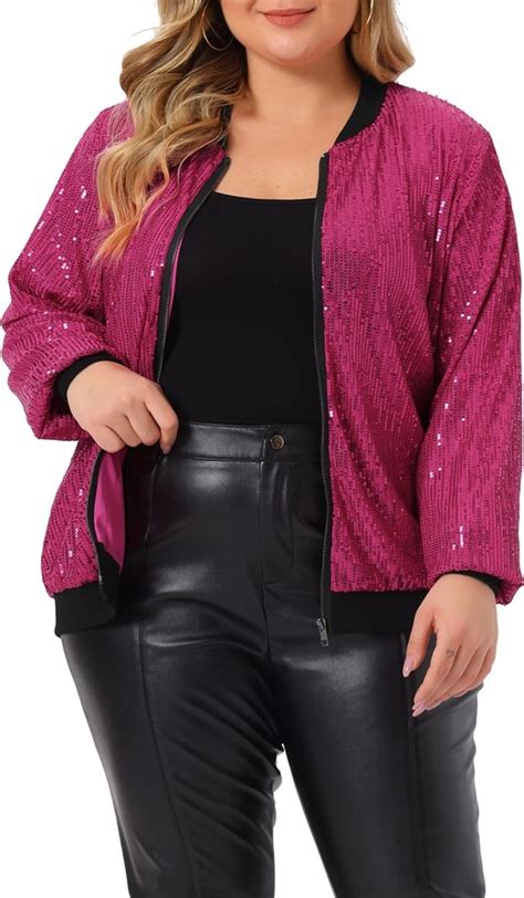 Agnes Orinda Plus Size Metallic Jackets For Women Sequin Sparkle Zip Bomber Jacket Hot Pink Xxl