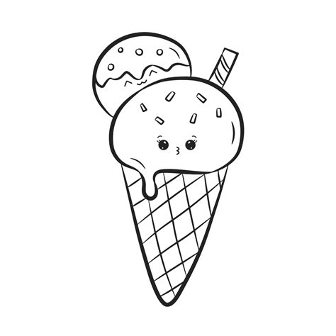 Cute Ice Cream Waffle Cone Isolated On White Background Ice Cream With Kawaii Face In Doodle