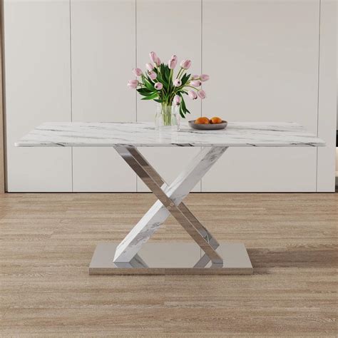 Polibi Modern Rectangle White Faux Marble Pedestal Dining Table Seats