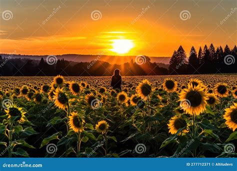 Sunflower Field with Silhouette of Person for Warm and Inviting Photo ...