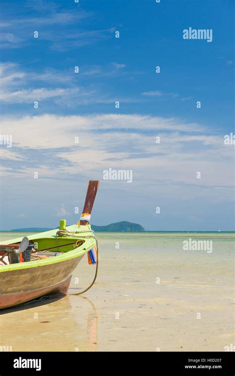 Traditional Thai Longtail Boat At Famous Sunny Long Beach Thailand