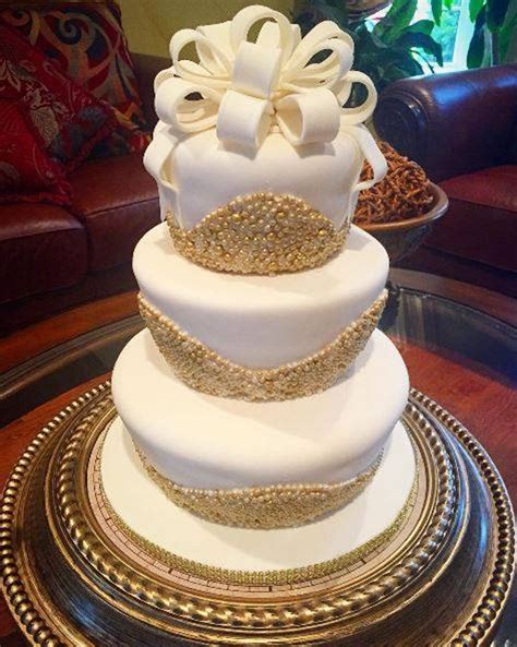 White And Gold Pearls Wedding Cake