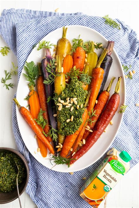 Whole Roasted Rainbow Carrots With Carrot Top Pesto Pacific Foods Recipe Grilled Vegetable