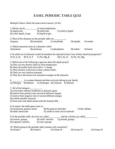 3 PERIODIC TABLE CHEMISTRY QUIZZES Chemistry Periodic Table Quiz WITH ANSWERS | Teaching Resources