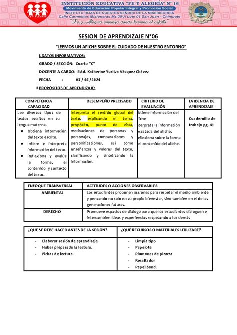 S6 Sesion DE Aprendizaje DE Comunicacion Afiche SESION DE