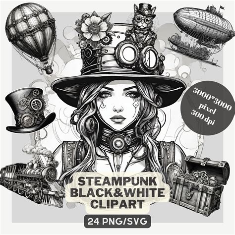 Steampunk Blackandwhite Clipart Png Svg Vintage Illustration Commercial