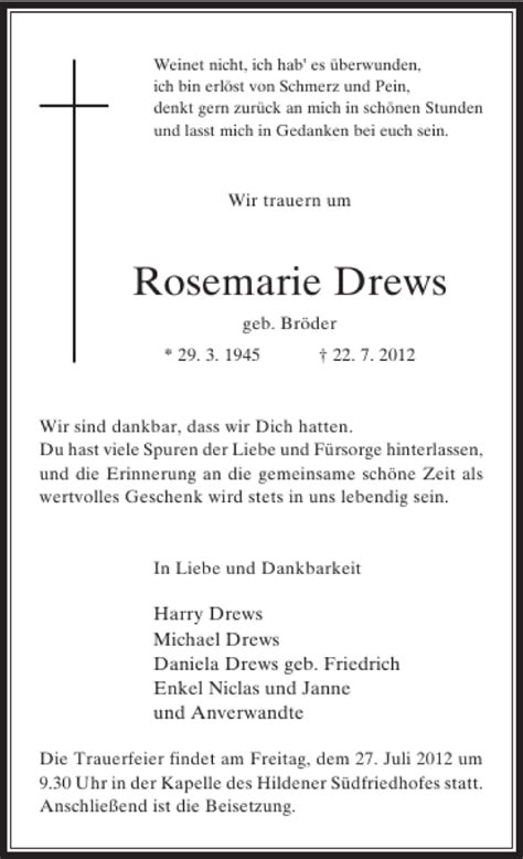 Alle Traueranzeigen F R Rosemarie Drews Trauer Rp Online De