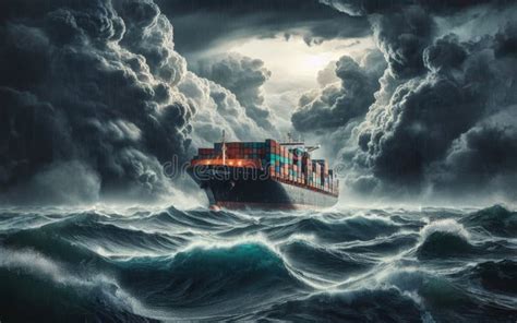 Container Cargo Ship in the Ocean Fighting Storm Stock Image - Image of ...