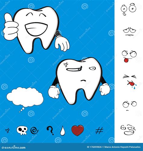 Funny Molar Tooth Cartoon Expression Collection Set Stock Vector