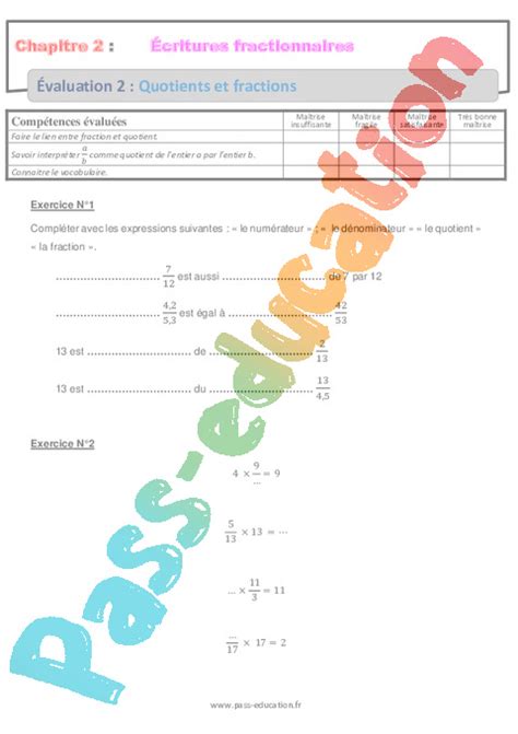 Quotients Et Fractions Examen Evaluation Bilan Contr Le Avec La