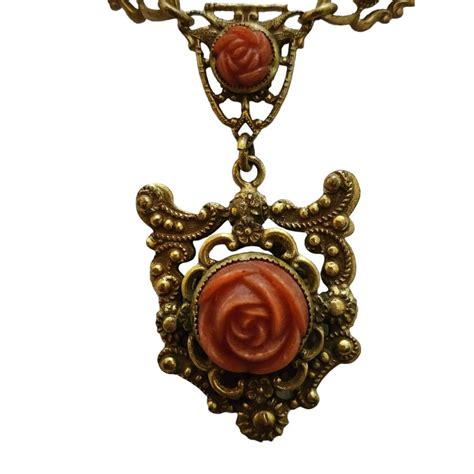 Antique Celluloid Flower Brass Pendant Necklace A2378 Etsy