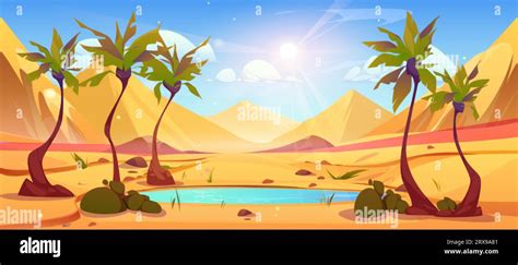 Palm Tree Lake In Desert Oasis And Sun In Sky Vector Egypt Landscape