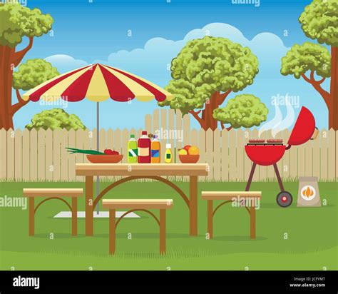 Summer Backyard Fun Bbq Or Grilling Barbecue Party Cartoon Vector