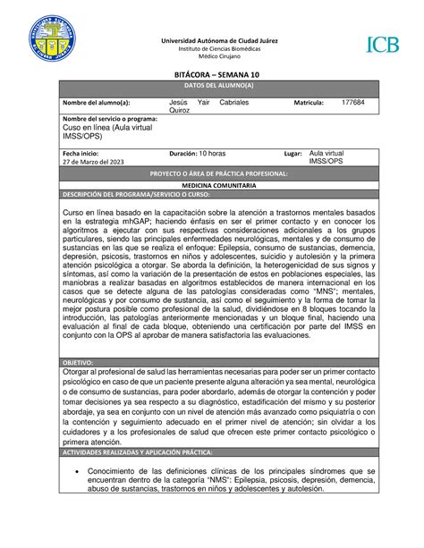 Bitácora l Semana 10 l Medcom 177684 Instituto de Ciencias BiomÈdicas