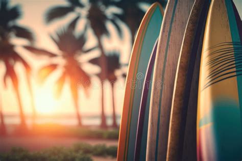 Surfboard And Palm Tree On Sunset Tropical Beach Generative Ai Stock