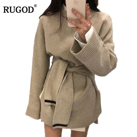 Rugod New Korean Style Belted Tunic Warm Sweater For Women 2018 Spring O Neck Long Sleeve